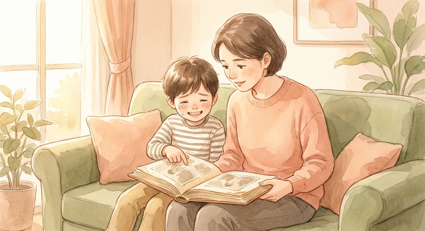 Parent and child sitting on a couch together, looking through a photo album with warm afternoon light