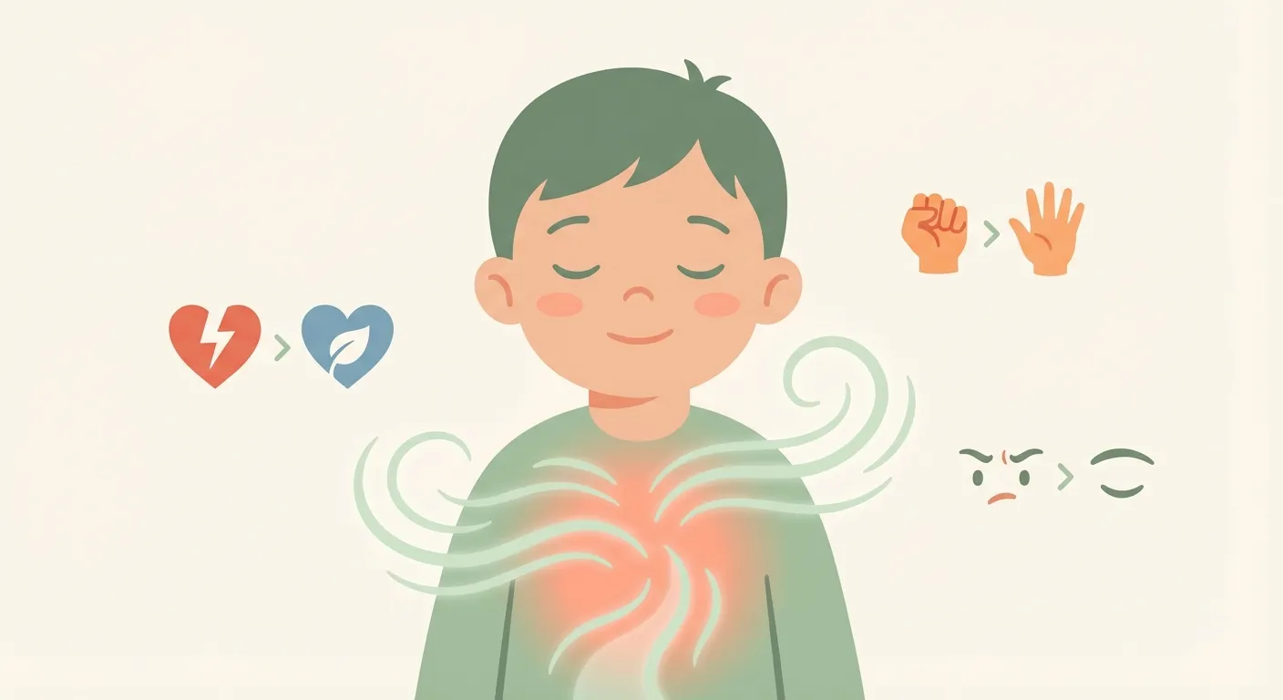 Child breathing calmly with visual showing racing heart becoming calm, fists relaxing, brow smoothing