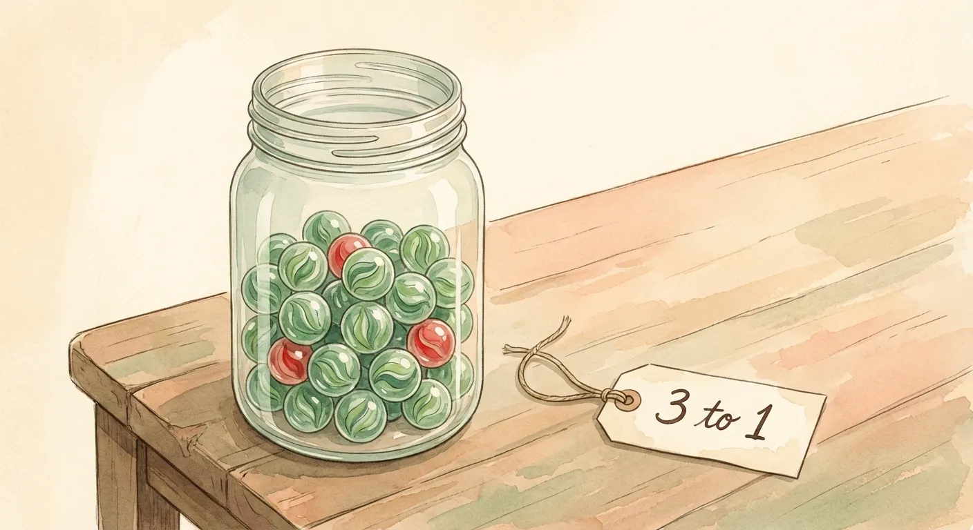 Glass jar with green and red marbles illustrating the 3 to 1 positivity ratio