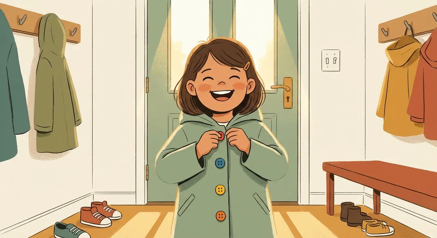 A young child proudly buttoning their own coat