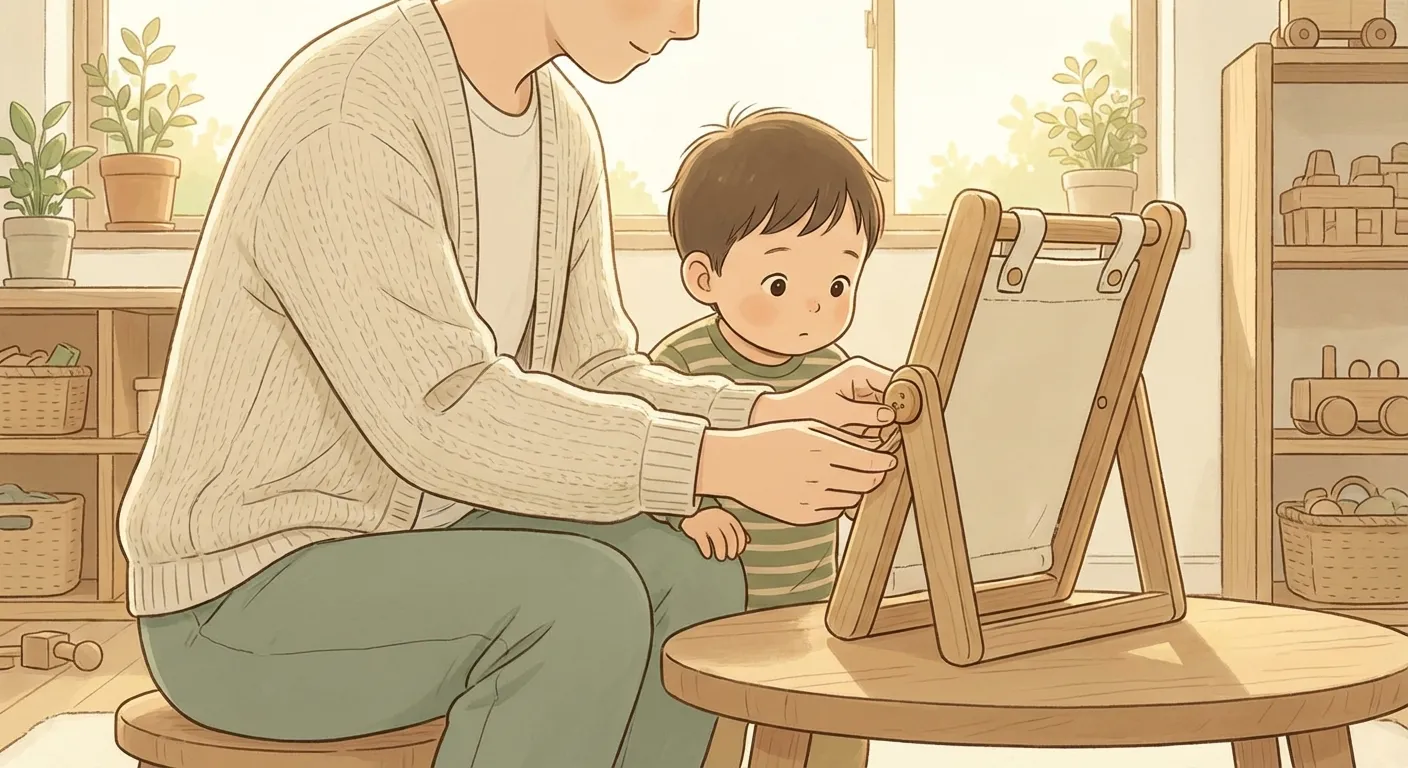 A parent silently demonstrating a dressing frame while a child watches with fascination