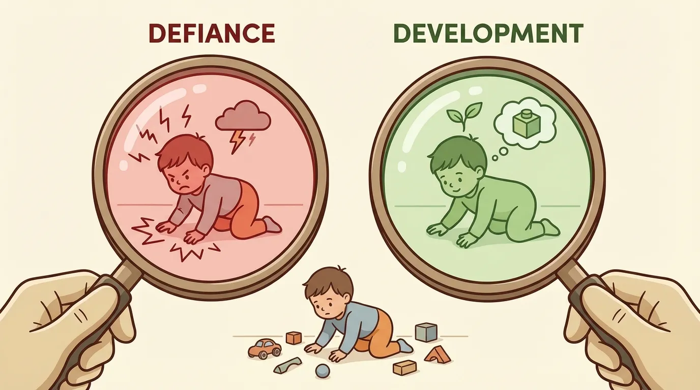 Two lenses viewing the same child behavior: one labeled defiance showing red, one labeled development showing green growth