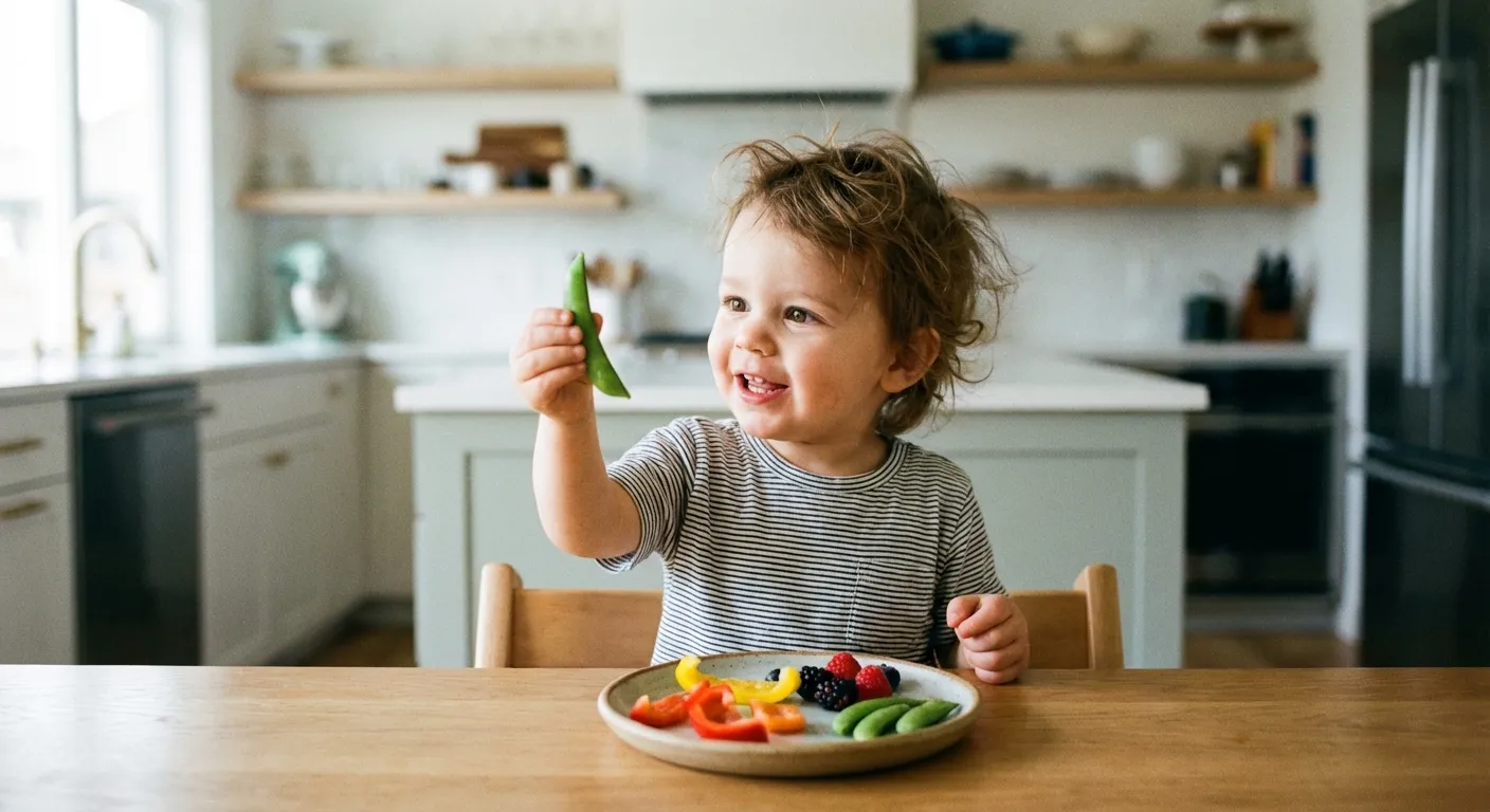 A child holding up a snap pea, looking at it with curiosity and delight