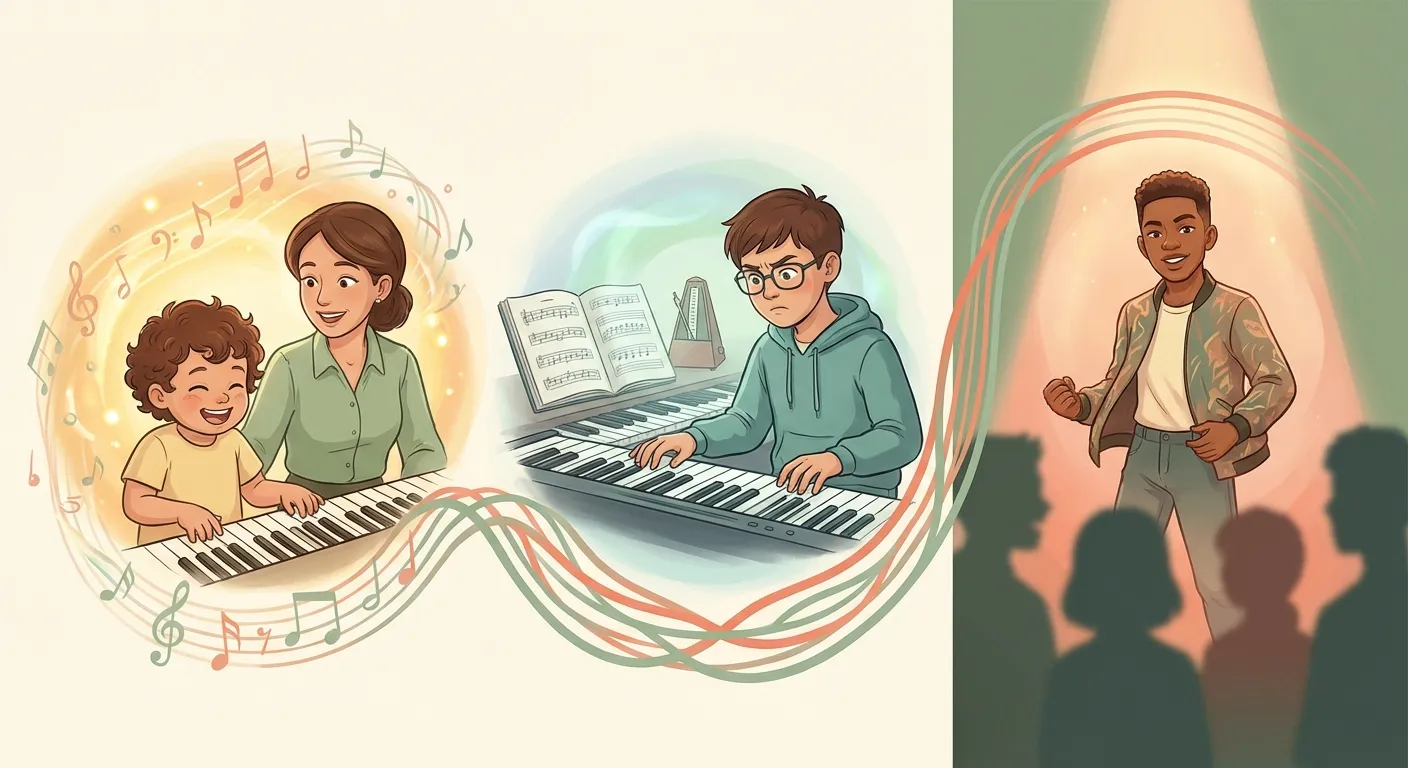 A child's journey through three stages of skill development: playful exploration, focused practice, and confident mastery