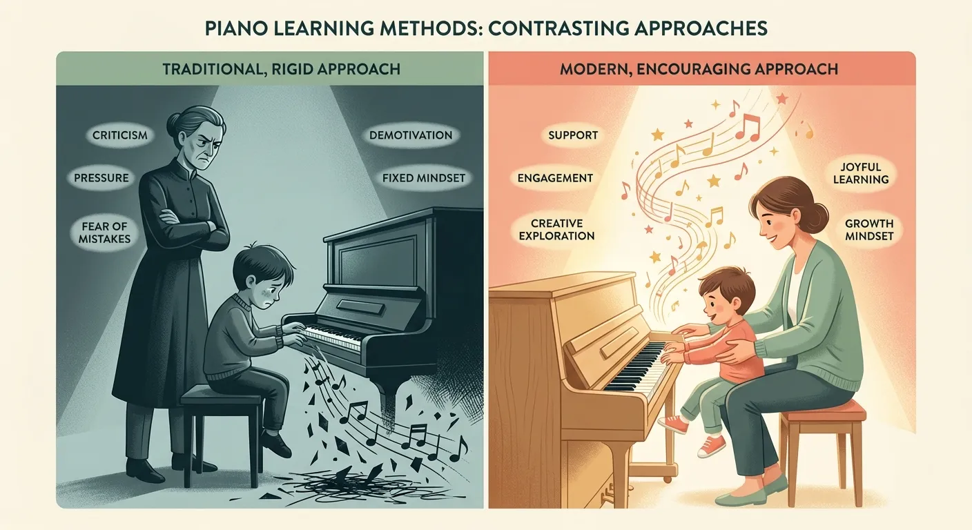 Comparison: a strict teacher intimidating a young child versus a warm teacher engaging a child with joy