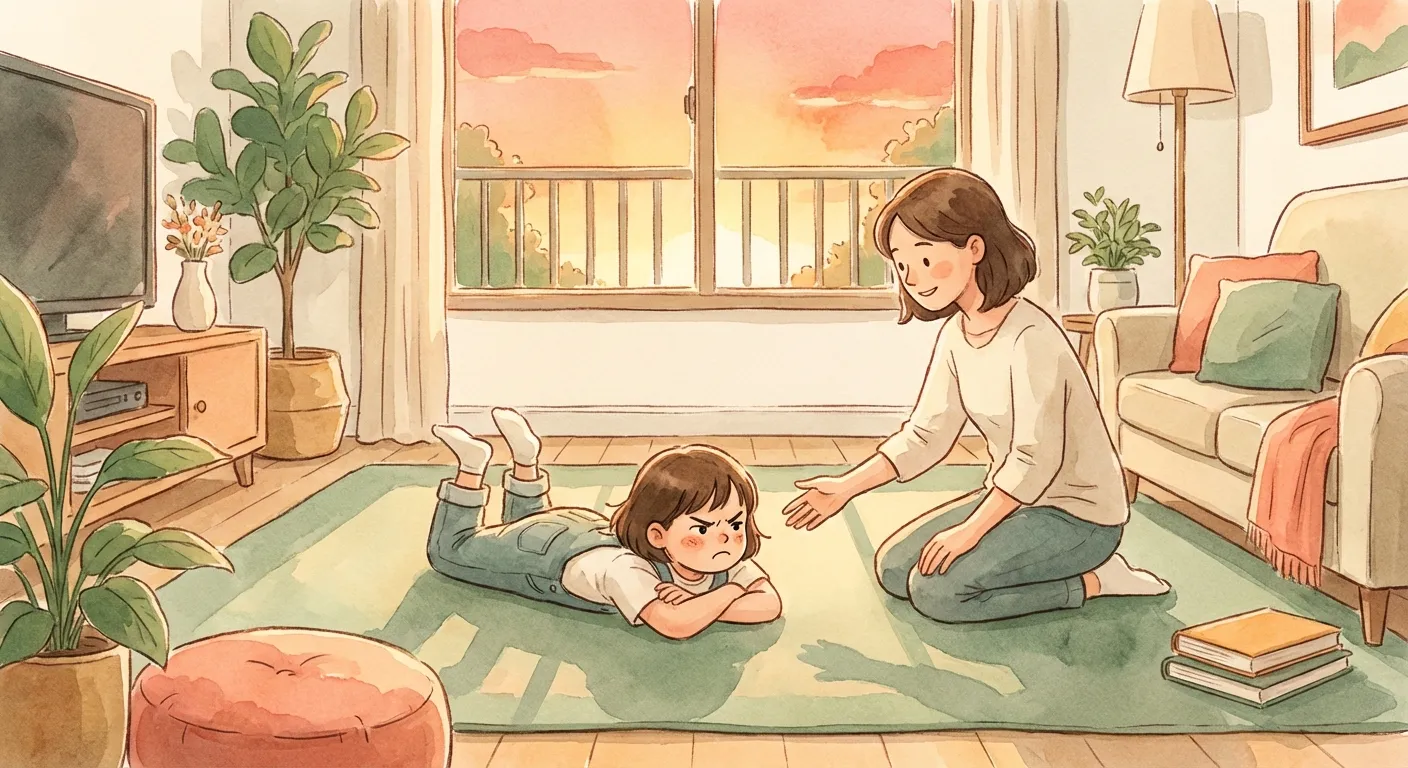 A parent calmly kneeling at eye level with a frustrated child, holding steady with warmth and confidence