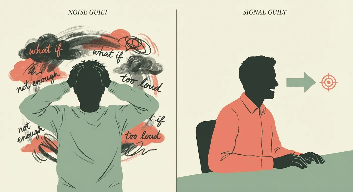 Split illustration: on the left, a parent overwhelmed by swirling clouds of vague worry; on the right, the same parent calm and focused with a clear direction