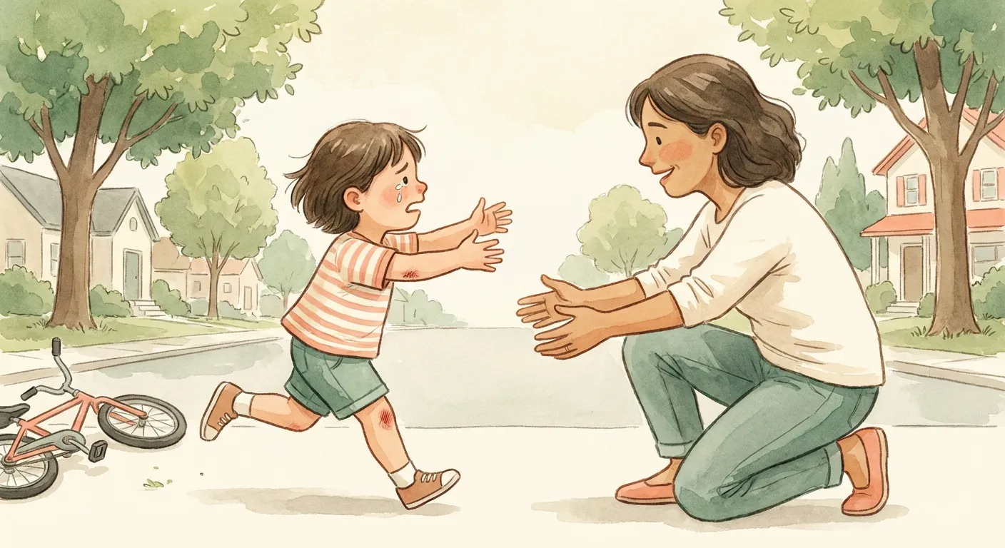 Child running to parent with open arms after falling