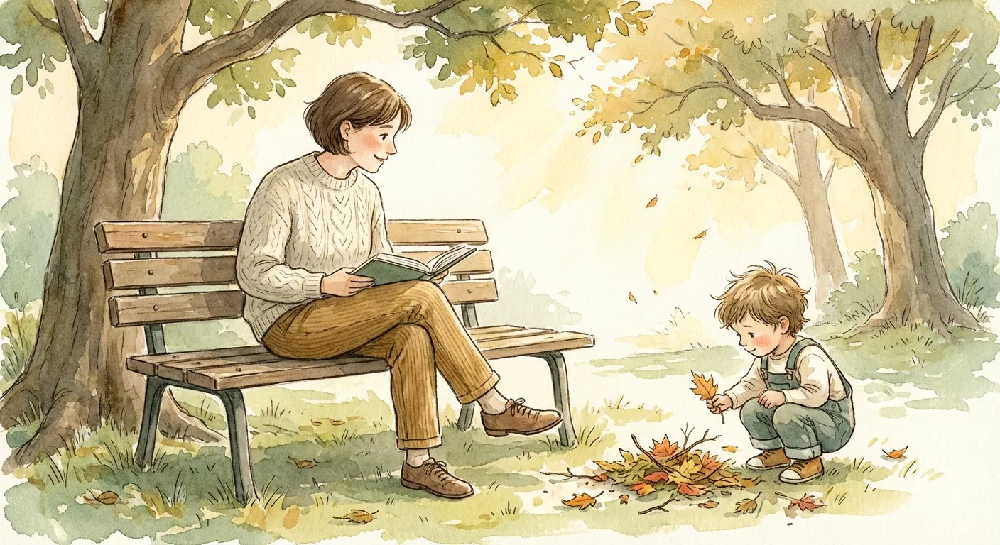 Parent sitting peacefully on a park bench while child explores nearby