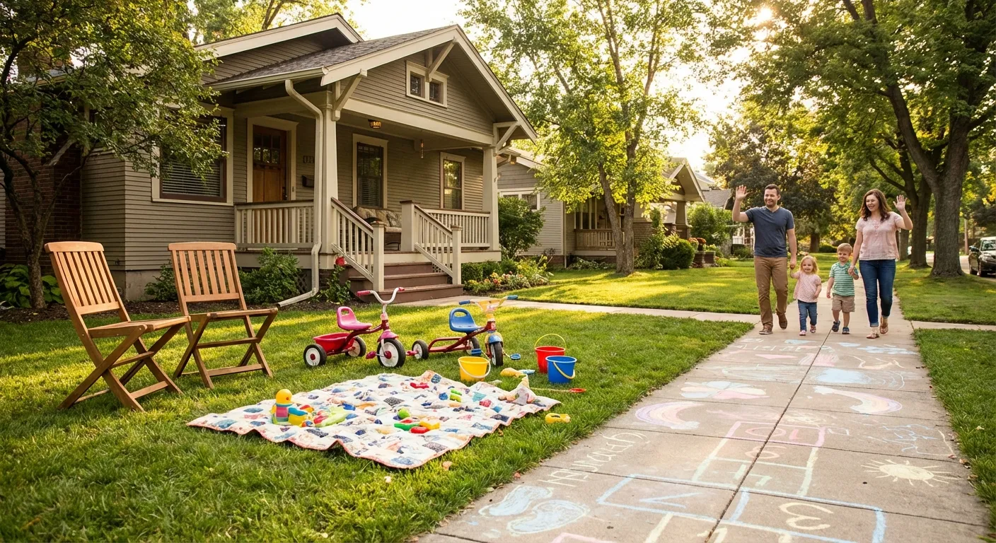 A warm front yard scene with families gathering in golden evening light