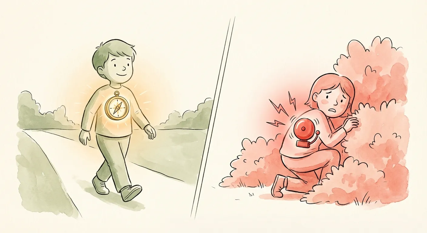 Two children: one walking forward confidently with an internal compass, one crouching in fear with an internal alarm
