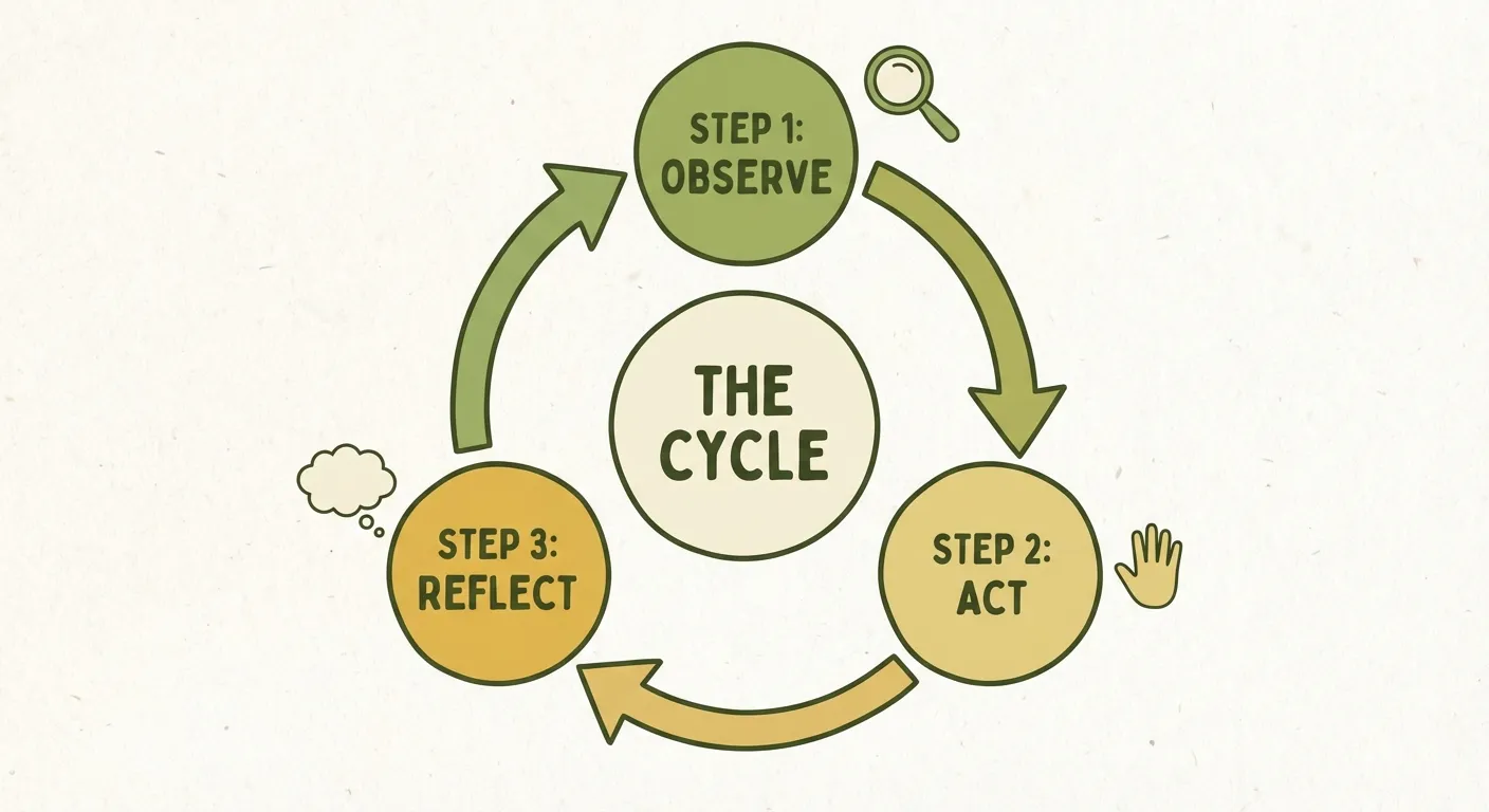 Three-step cycle: Observe, Act, Reflect — the motivation loop
