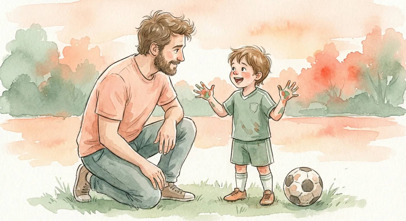 Parent kneeling to child's eye level after a soccer game, asking about the experience