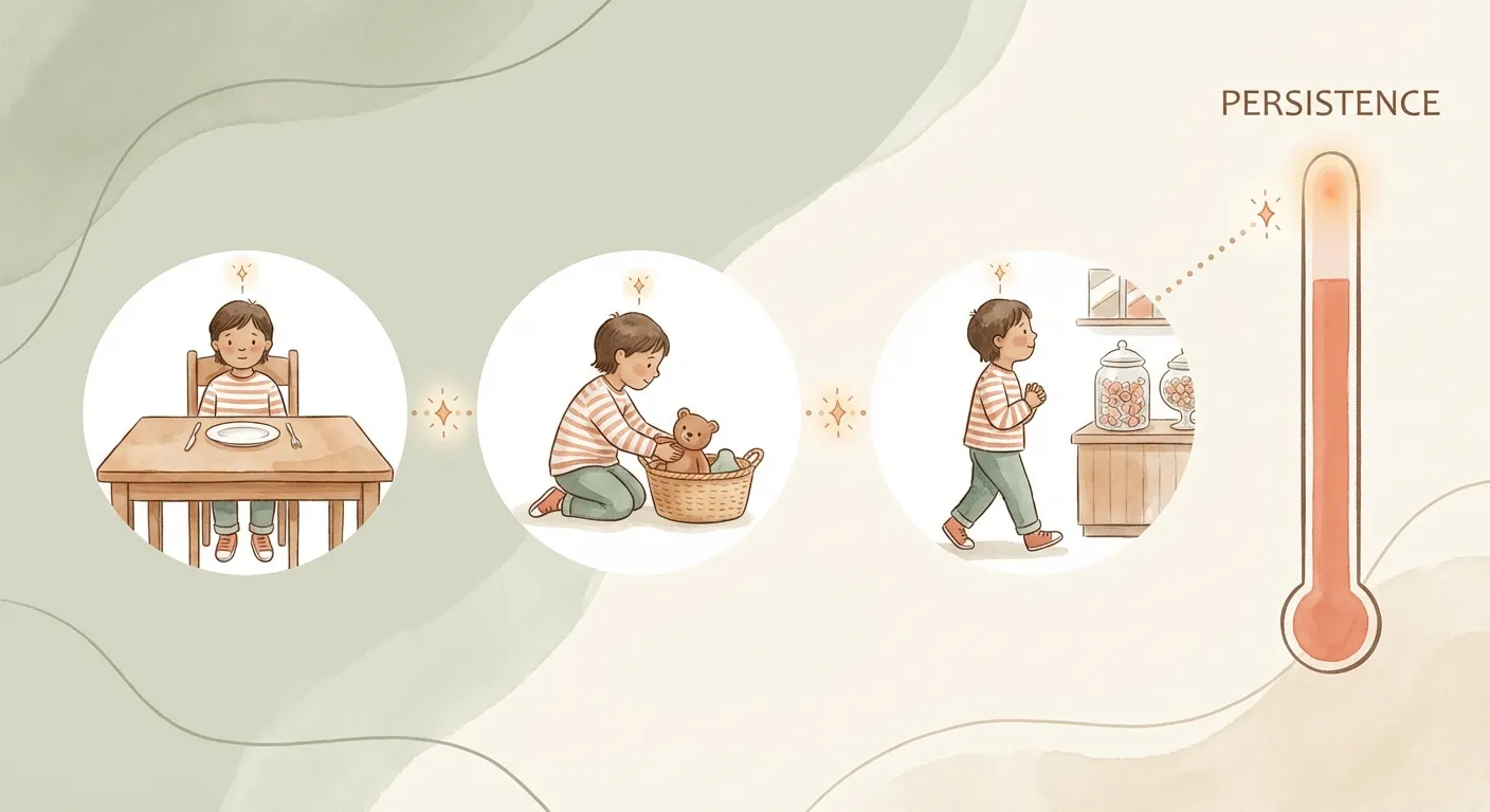 Child stepping onto a staircase made of everyday objects