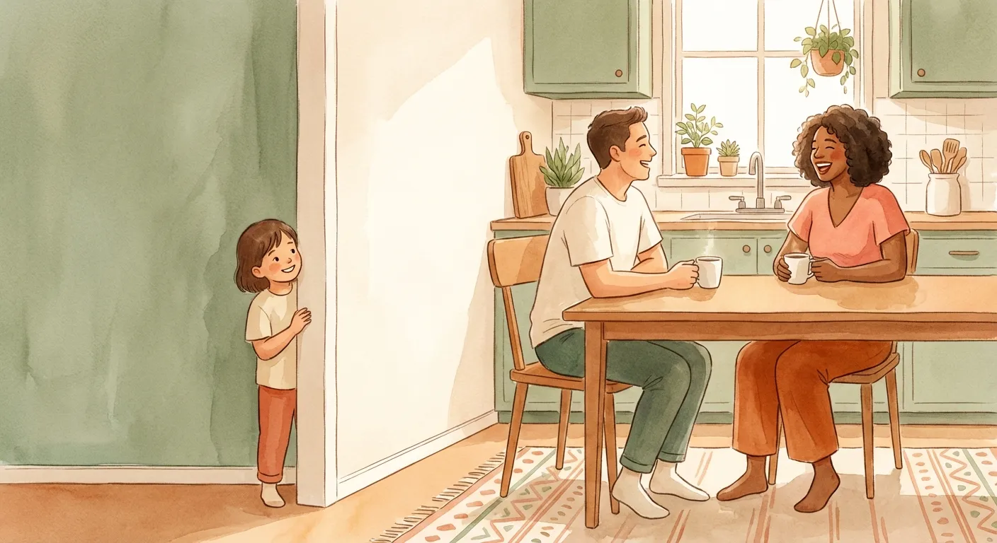 A child peeking around a corner, watching their parent greet a friend warmly at the kitchen table
