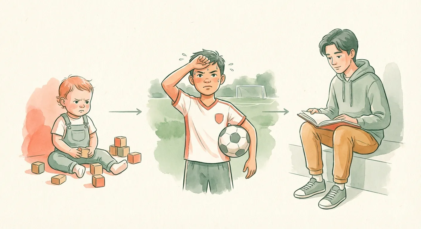 Children at three different ages showing growing resilience: toddler with blocks, school-age with soccer ball, teenager with journal