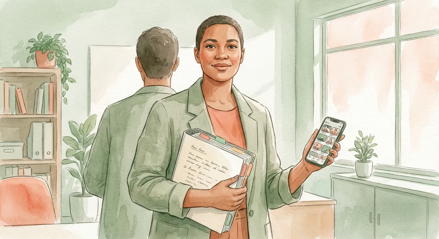 Illustration of a confident parent holding organized documentation, prepared for a medical appointment