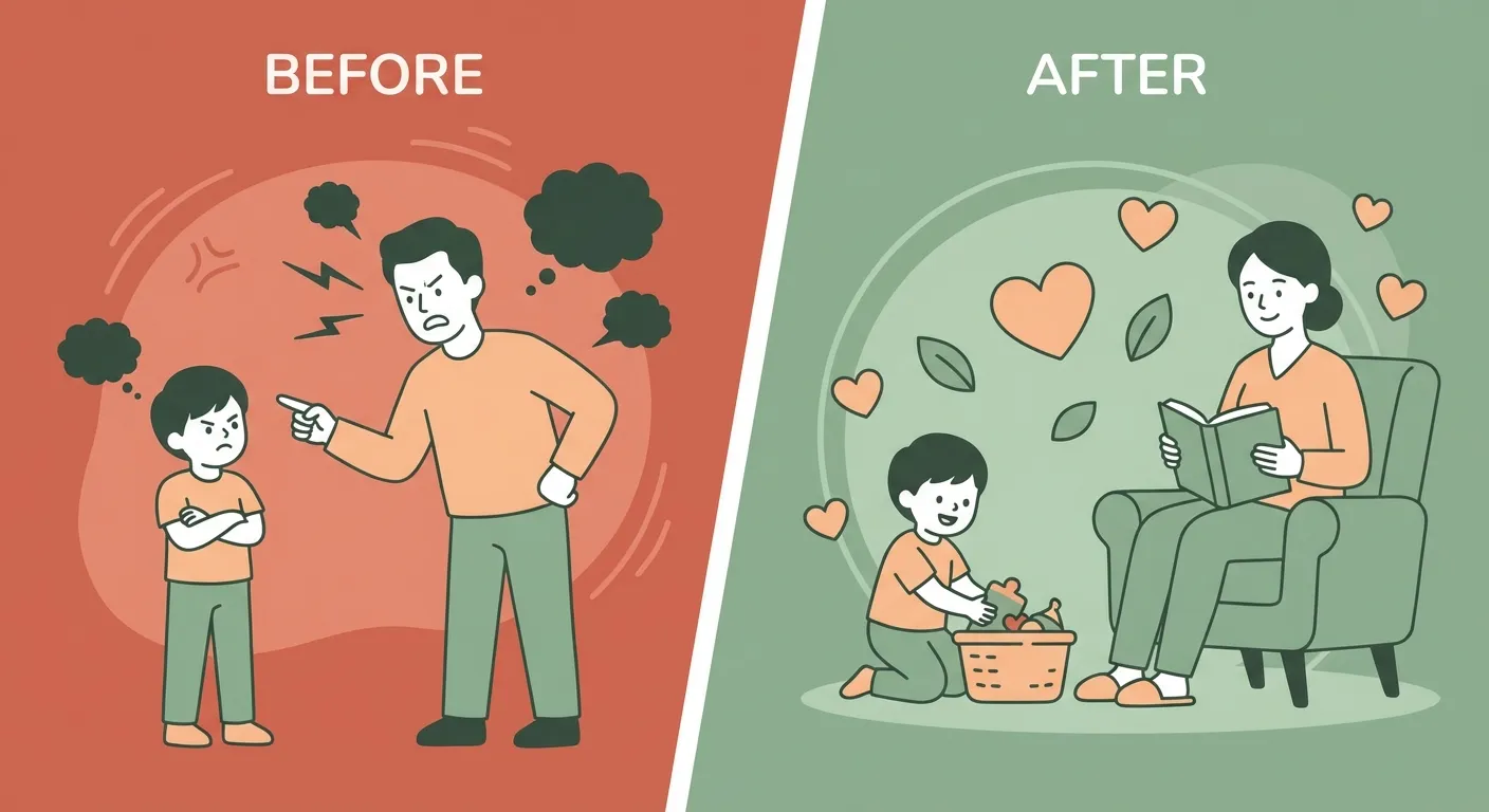 Before: frustrated parent scolding a defensive child. After: calm household where child naturally adopts good habits
