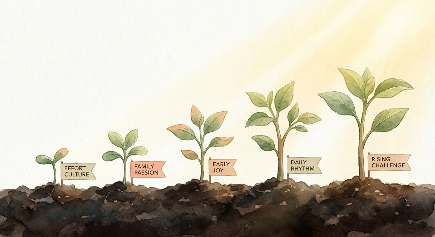 Five growing plants representing the conditions that nurture drive in children — effort culture, family passion, early joy, daily rhythm, and rising challenge