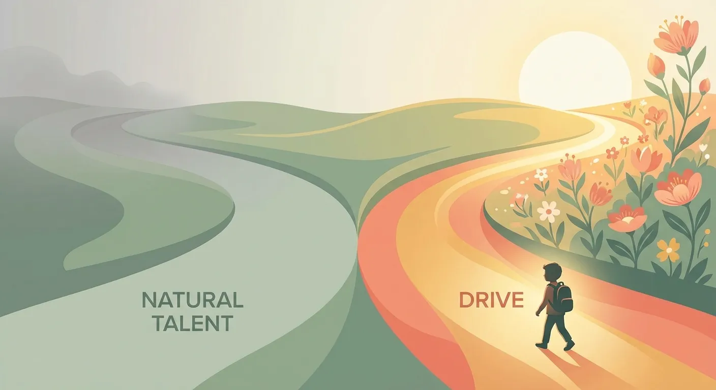 Two paths diverging — one labeled natural talent fading out, another labeled drive growing stronger over time