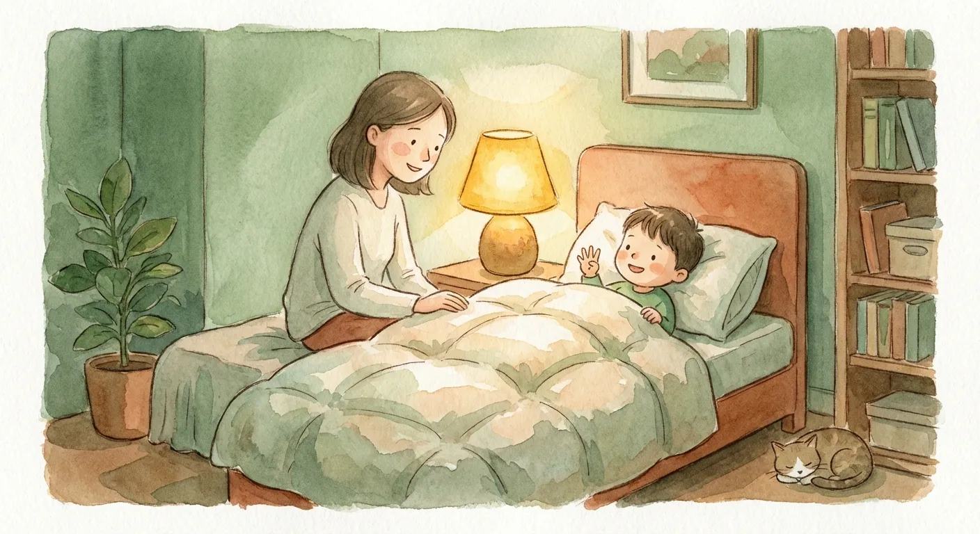 Warm bedtime scene, parent and child sharing three good things from the day