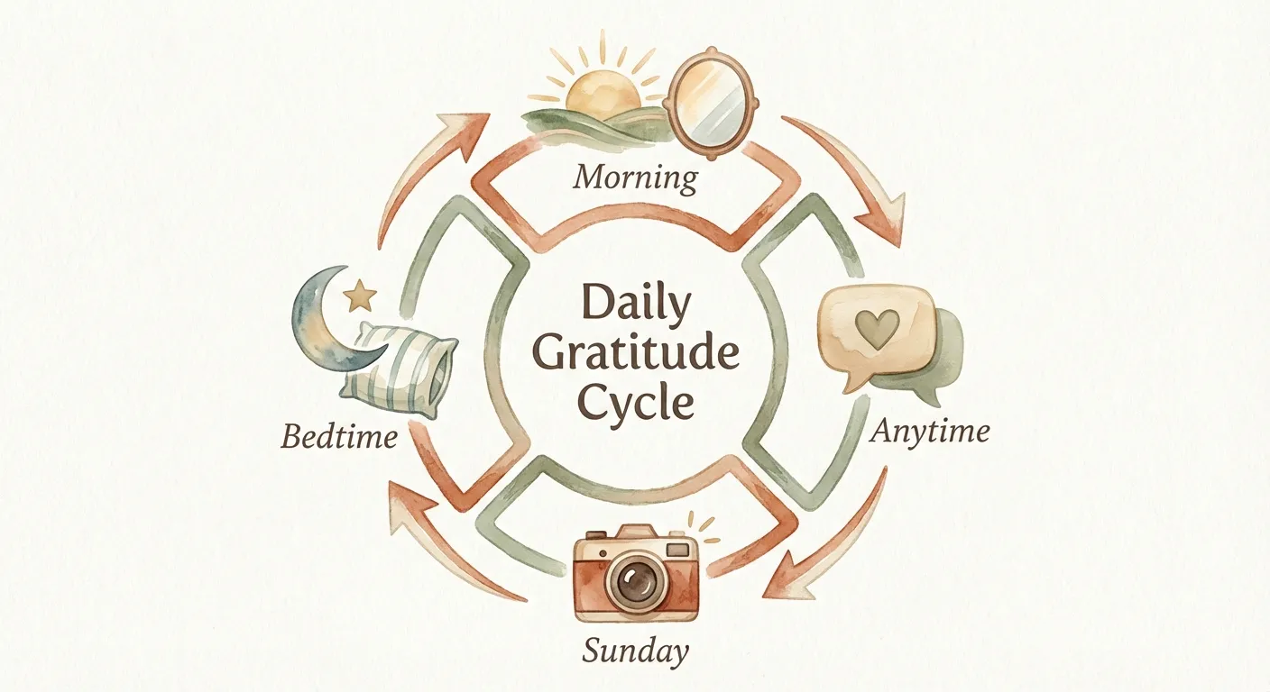 Four gratitude tools arranged around a daily timeline: morning mirror, daytime catch-and-name, Sunday photo hunt, bedtime three good things