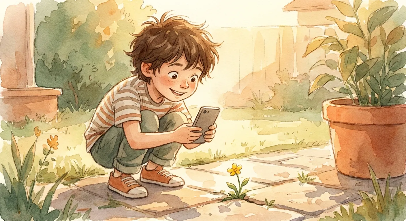 Child exploring with a camera, discovering something beautiful in an ordinary moment