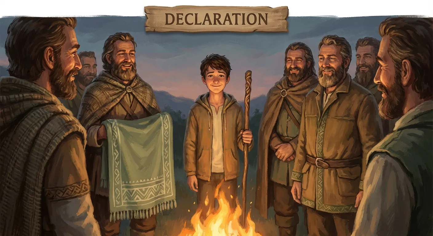 Men gathered around a campfire at dusk, warmly welcoming a young man into their circle