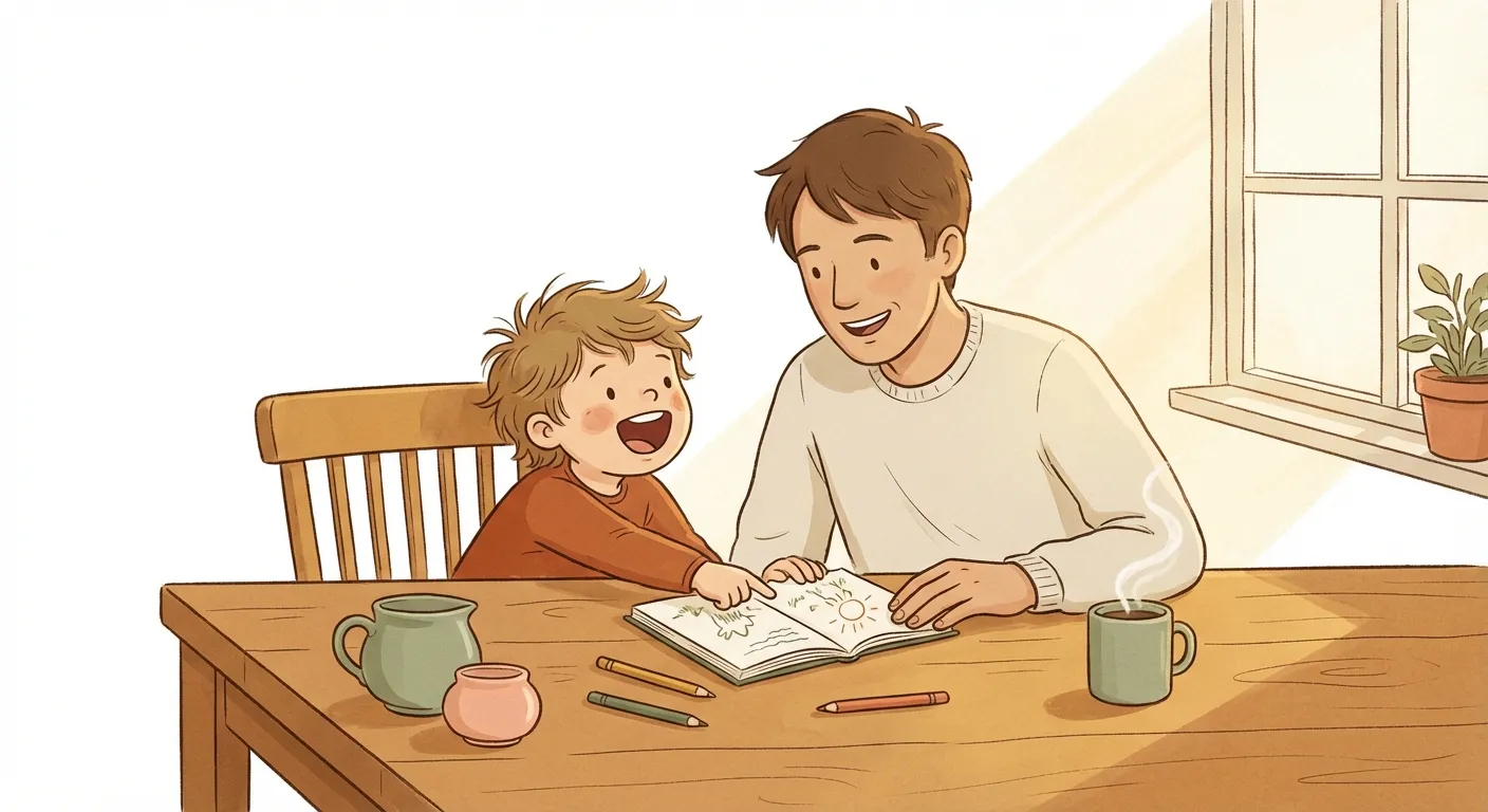 A parent and child doing a thought-trap activity together at a table