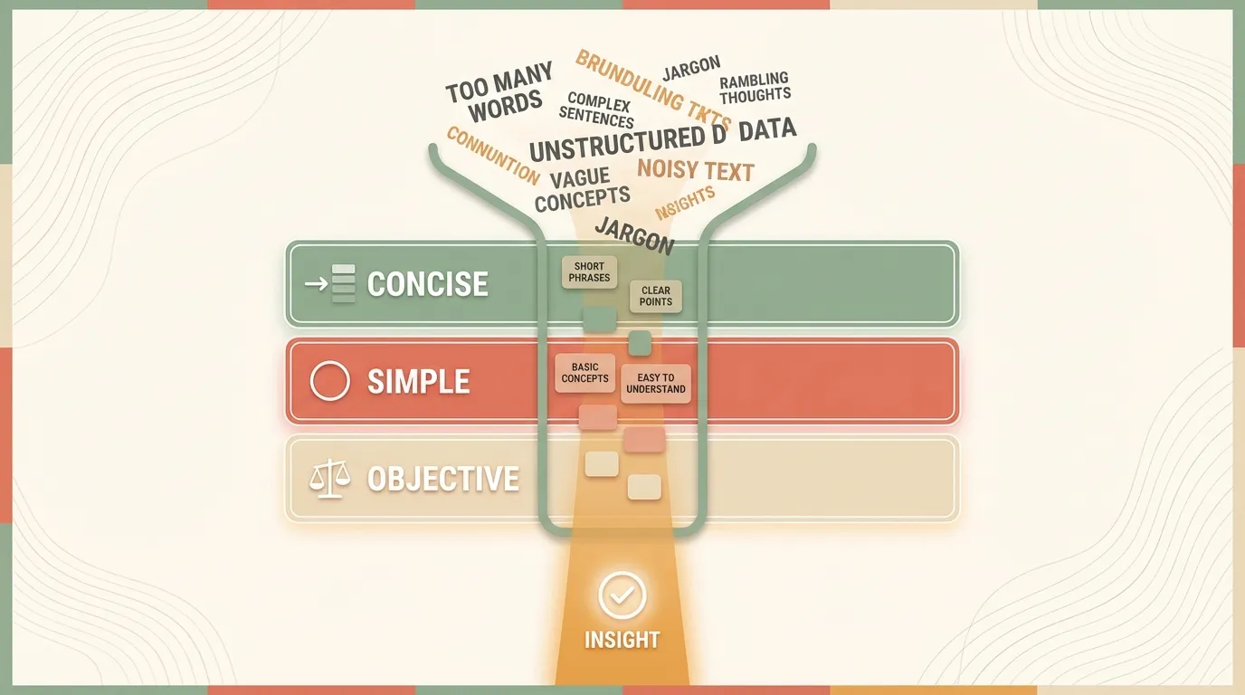 Three filter layers — Concise, Simple, Objective — distilling cluttered words into a single clear beam