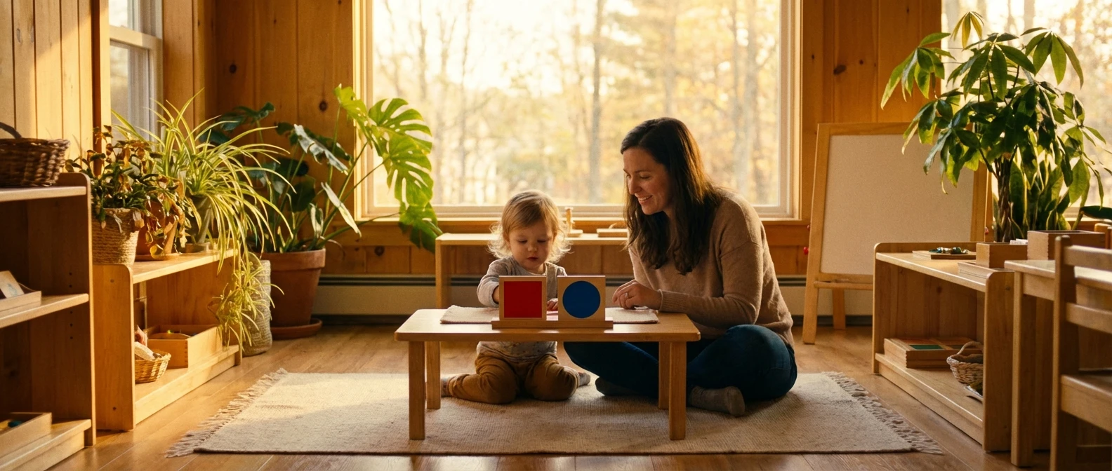 Parent and child sitting together at a low table with colored objects — a calm, focused Montessori lesson