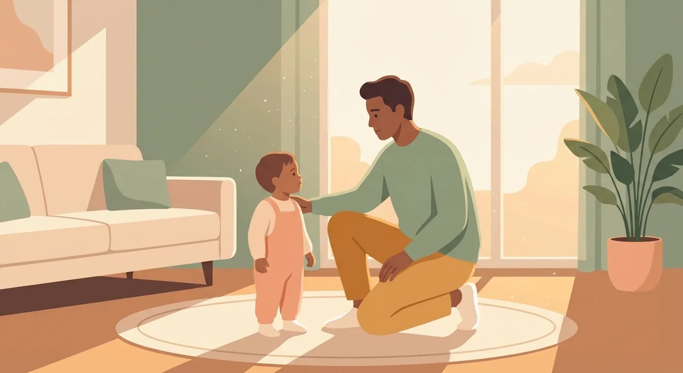 A calm parent connecting with their toddler at eye level