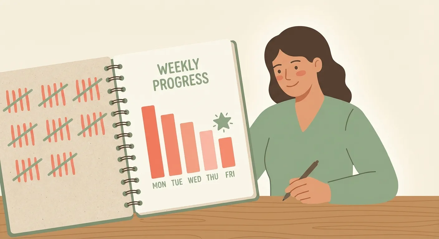 Parent with notebook showing weekly progress chart with tally marks and decreasing bar graph from Monday to Friday