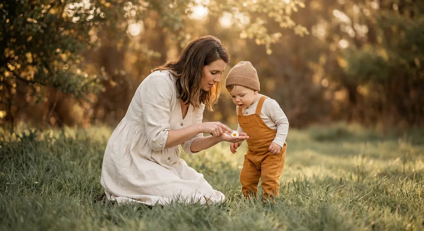A mother kneeling beside a toddler outdoors, both examining a small flower together, soft morning light filtering through trees