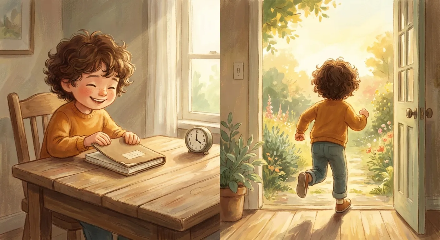 A warm illustration of a child finishing schoolwork at a table, then happily running outside to play, with a small clock showing time saved