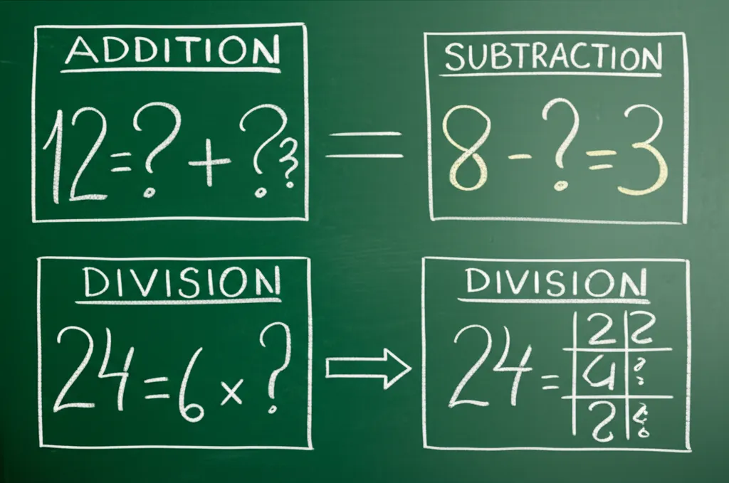 Chalkboard showing all four arithmetic operations reversed, working from whole to parts
