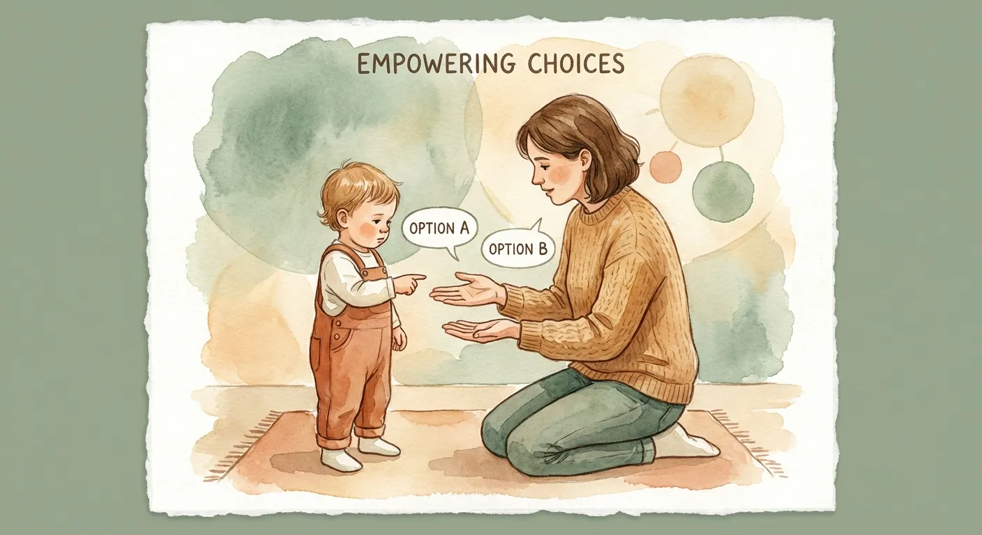 Parent kneeling at child's level, offering two choices