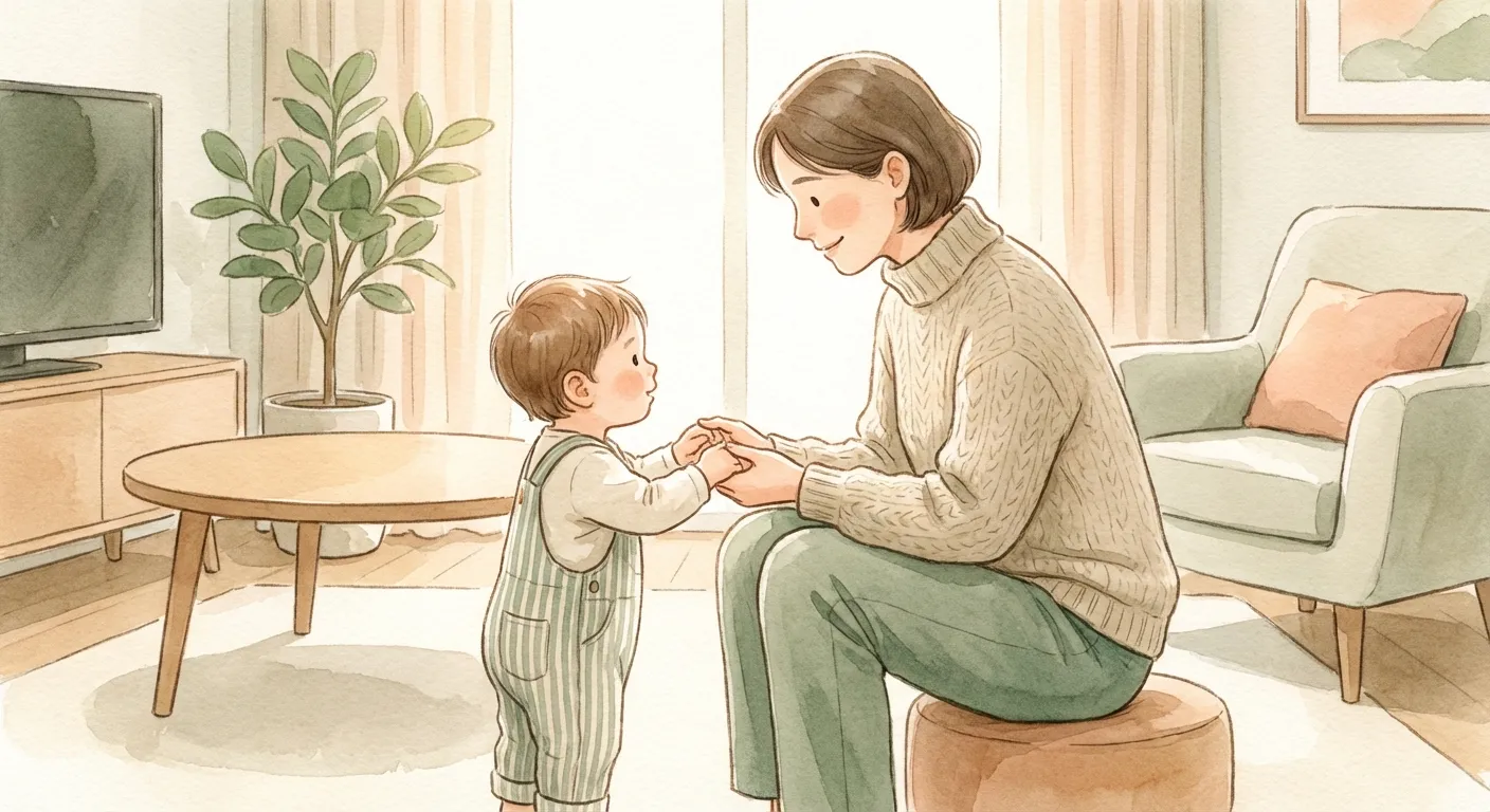 Parent calmly holding toddler's hands