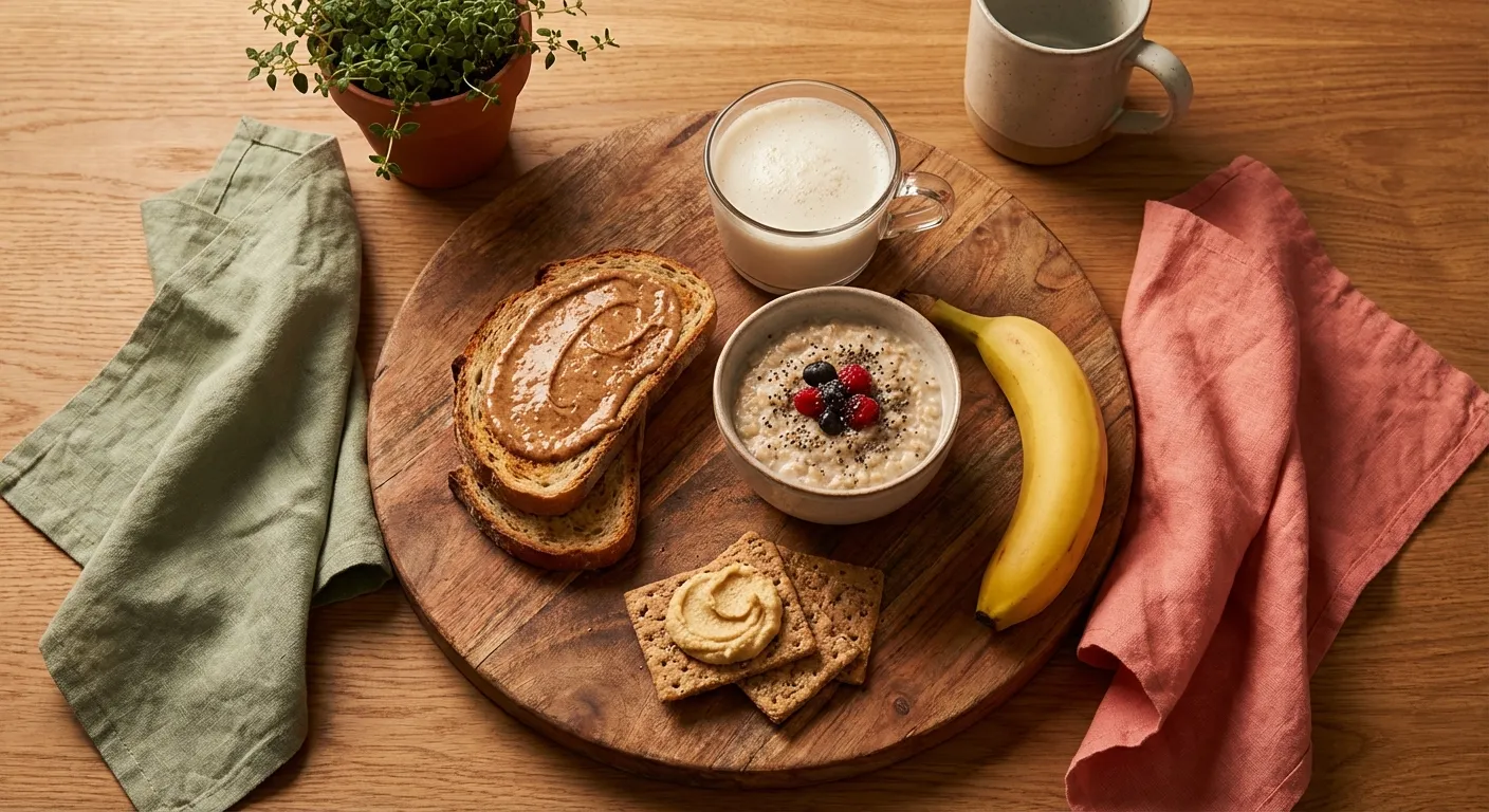 A warm, inviting spread of bedtime snacks on a wooden board including toast with nut butter, porridge, crackers with hummus, banana, and warm milk