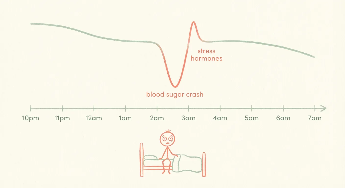 Diagram showing blood sugar dropping overnight with a crash at 2am triggering stress hormones and waking a child