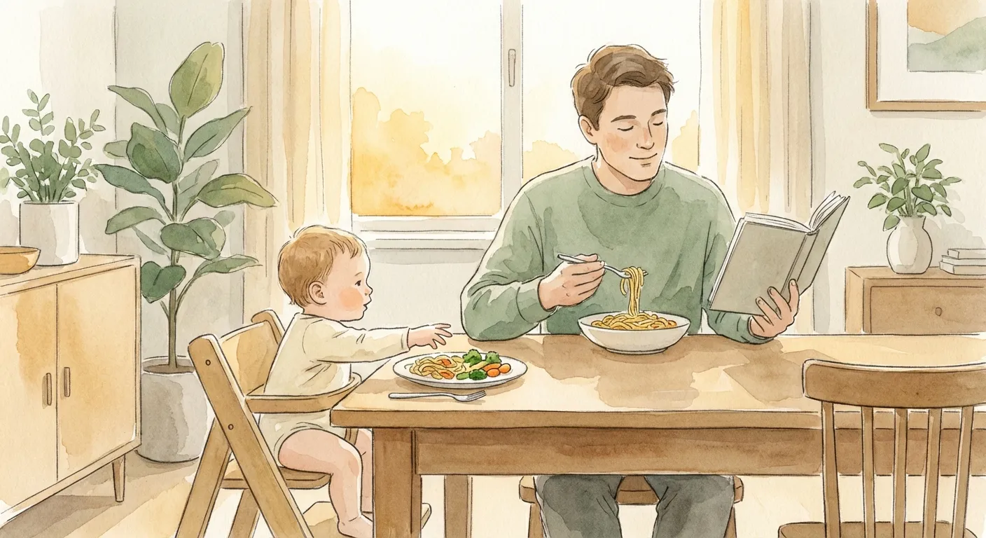A parent calmly eating dinner while their toddler explores food independently
