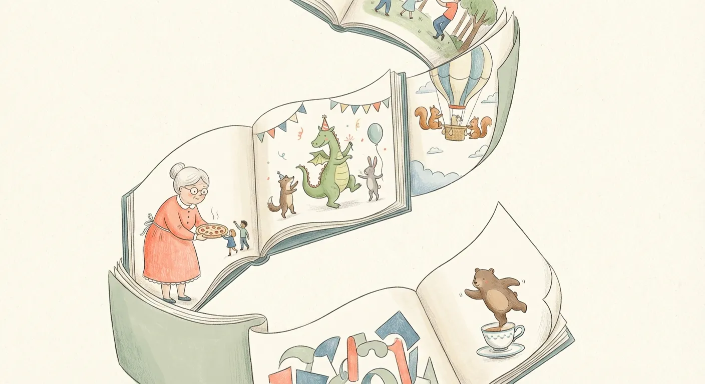 Whimsical storybook chain curving upward with absurd connected scenes illustrating the memory chain technique