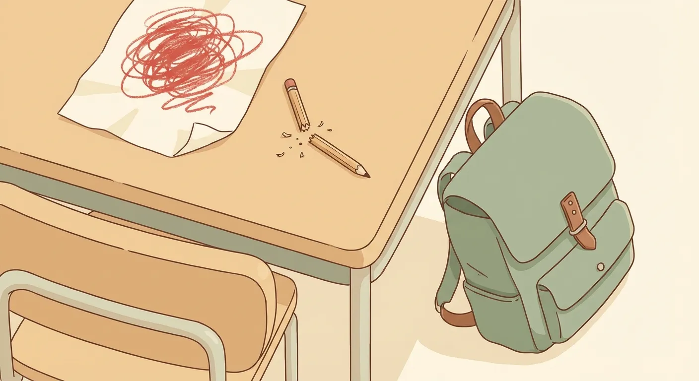 A calm school desk scene with crumpled paper and a snapped pencil hinting at hidden frustration beneath composure