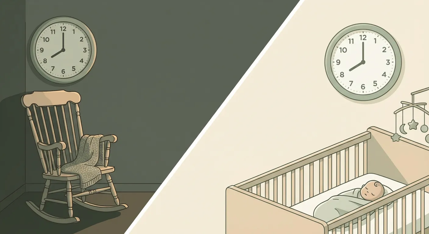 Warm illustration of a peaceful nursery at dusk with a baby settling calmly in a crib