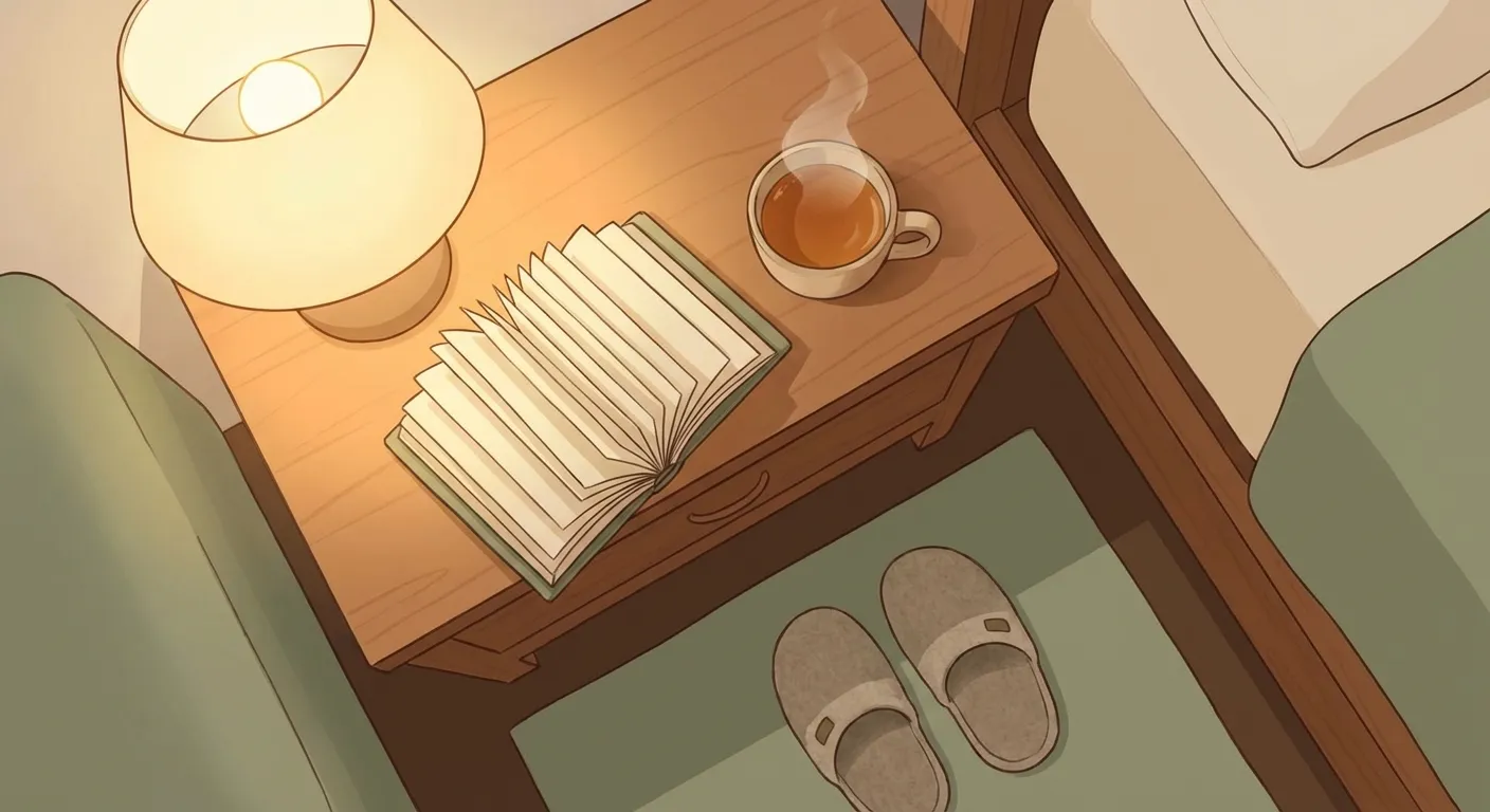 Cozy nightstand scene with a warm lamp, book, tea and slippers suggesting peaceful bedtime