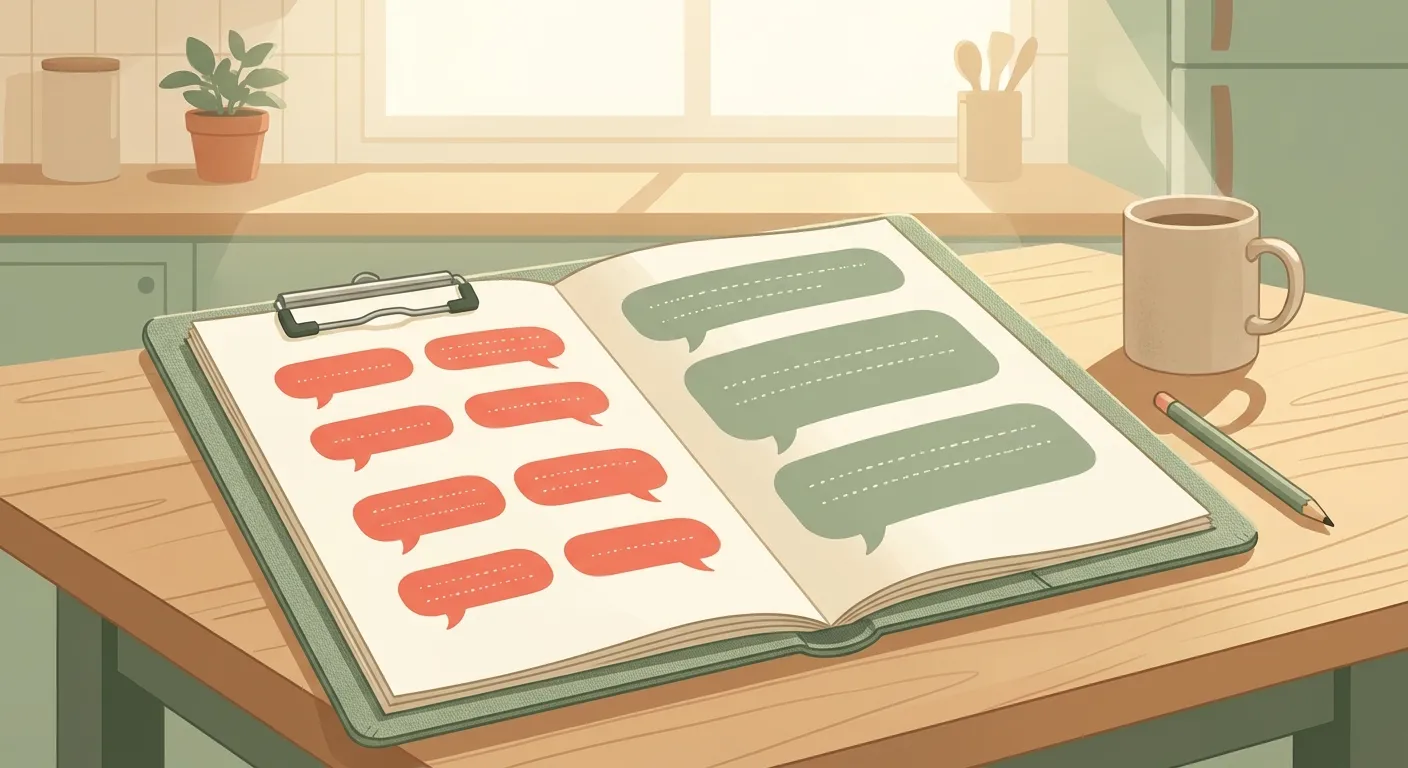 Illustration of a clipboard with paired speech bubbles showing parent-child tech conversation scripts