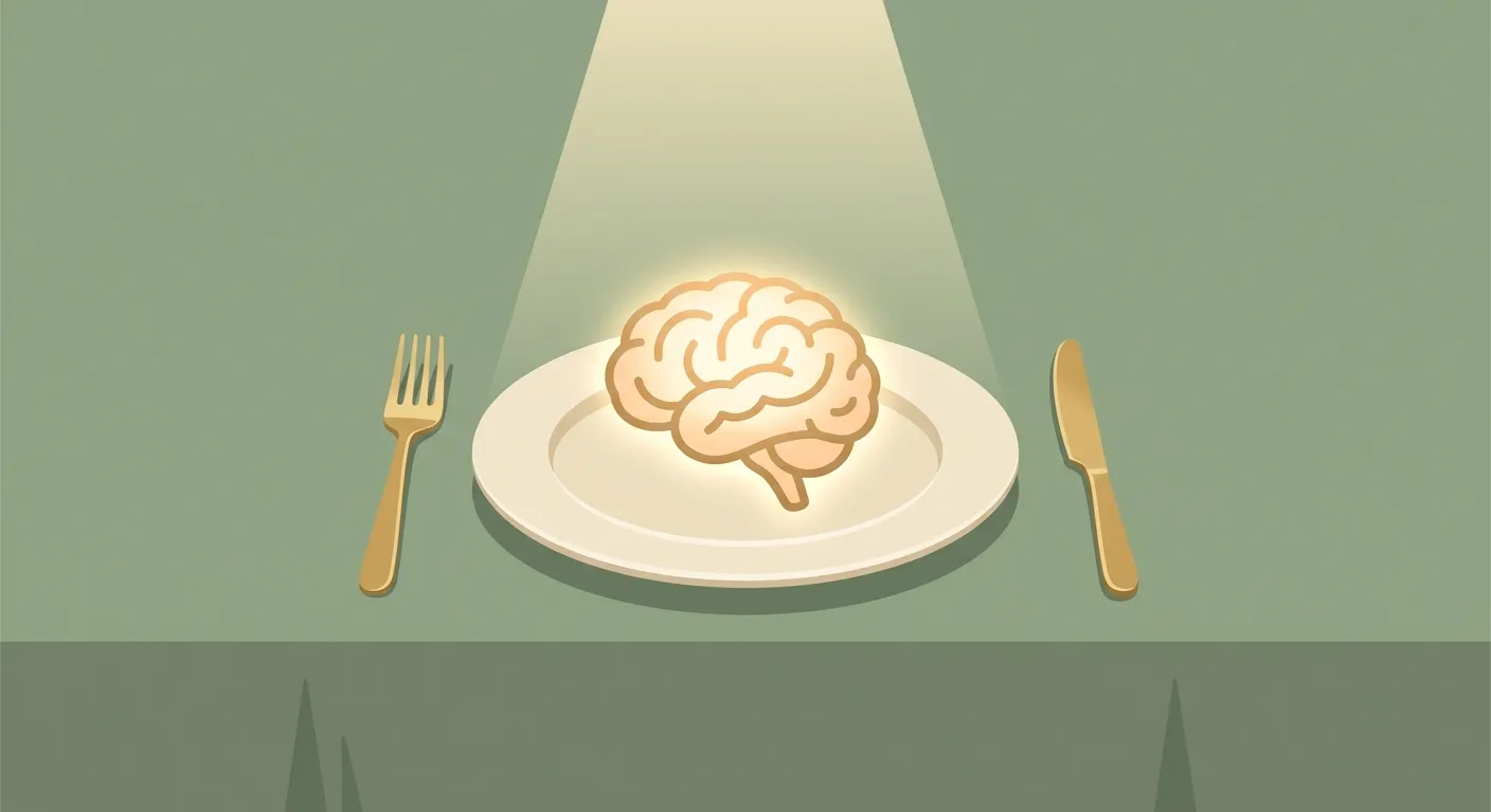 Illustration of a spotlight on a brain on a dinner plate with cutlery, representing feeding the brain first