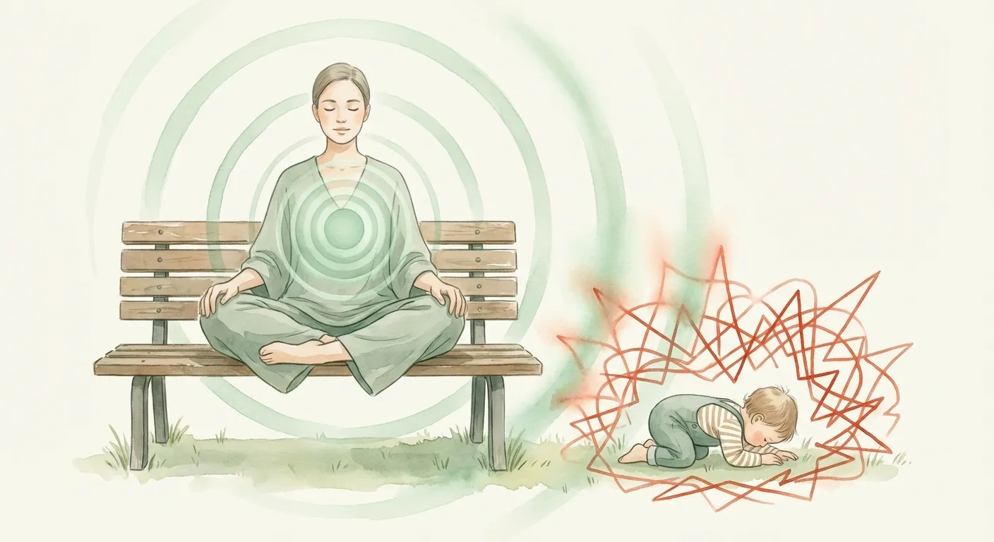 A serene parent radiating calm circles that absorb a child's tantrum energy