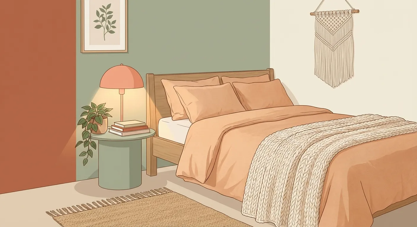 Cozy terracotta bedroom corner with warm lamp light creating a calming atmosphere for children