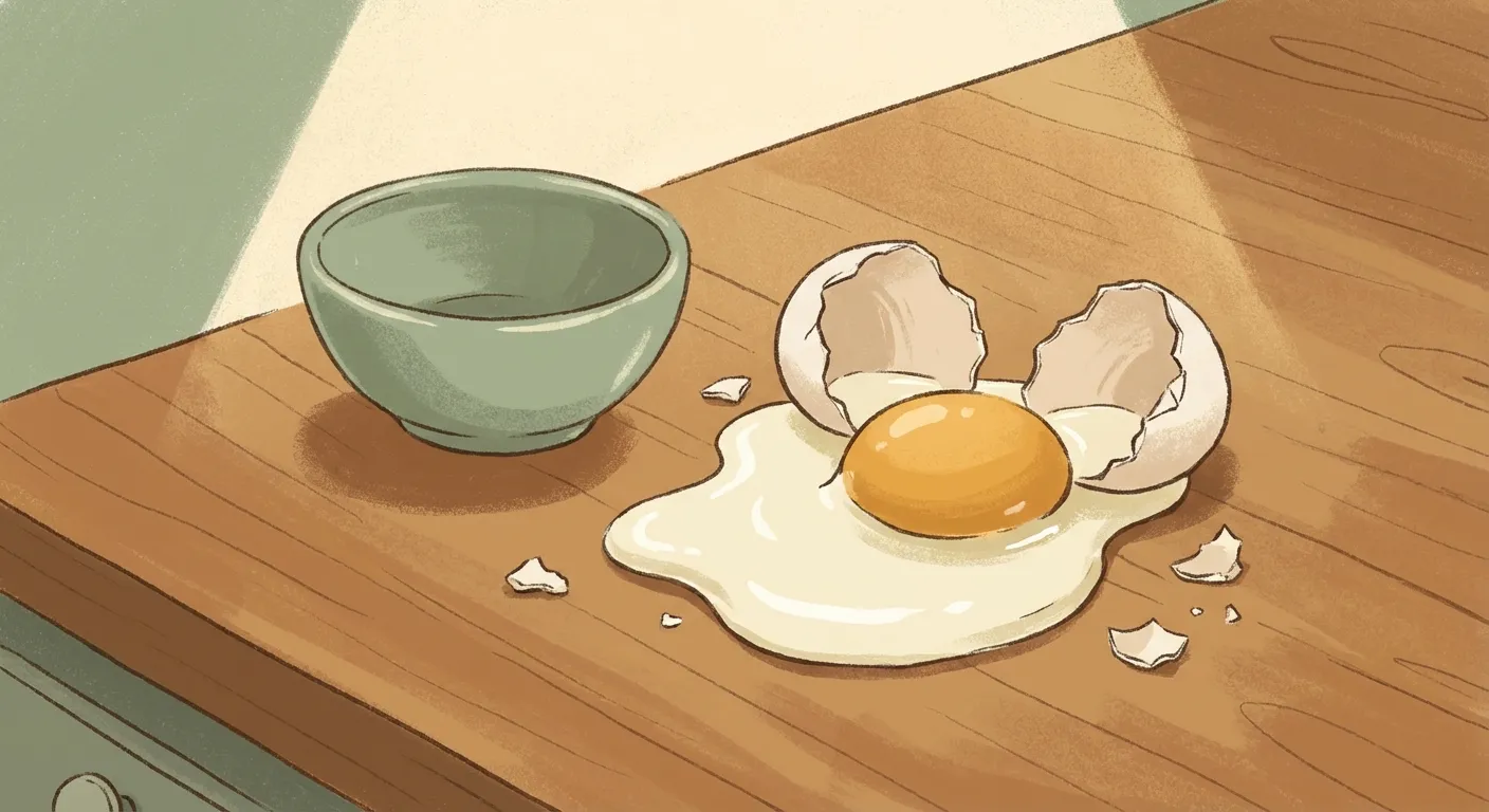 A cracked egg on a warm kitchen counter, minimal and inviting